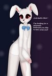 2022 absurd_res anthro balls big_penis blush blush_lines bow_tie crossgender dialogue digital_media_(artwork) english_text femboy five_nights_at_freddy's five_nights_at_freddy's:_security_breach ftm_crossgender fur genitals greeting half-erect hi_res lagomorph leporid looking_at_viewer male mammal max_draws nude open_mouth penis question_mark rabbit red_eyes scottgames solo standing steel_wool_studios teeth text vanny_(fnaf) whiskers white_body white_fur