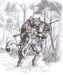 5_fingers anthro armor bandage bandaged_head belt belt_buckle blood blood_on_armor blood_on_bandage blood_on_face bodily_fluids boots bottomwear breastplate buckle carrying_another carrying_partner clenched_teeth clothed clothing cuisse dagger day detailed_background duo eyes_closed facial_hair fingers footwear forest fur furgonomics gauntlets gloves grass handwear looking_down male markings melee_weapon mustache outside pants plant plate_armor poleyn sabatons scabbard scared schynbalds shoes splash splashing_water spots spotted_body spotted_fur straps sword tail tail_armor tassets teeth tree water weapon 0laffson enorach_(0laffson) lars_(0laffson) cheetah felid feline human mammal 2021 graphite_(artwork) hi_res monochrome signature traditional_media_(artwork)