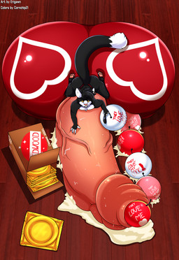 4_toes 5_fingers anthro balls beads big_balls big_penis black_body black_fur bodily_fluids box butt cardboard cardboard_box claws condom container cum cum_on_ground feet fingers fur genital_fluids genitals huge_balls huge_penis humanoid_genitalia humanoid_penis hyper hyper_balls hyper_genitalia hyper_penis male pawpads penis pink_pawpads sexual_barrier_device solo tail text toe_claws toes white_body white_fur cornchip21 erigawn marcel_c._jacquin domestic_cat felid feline felis mammal 2022 absurd_res english_text hi_res