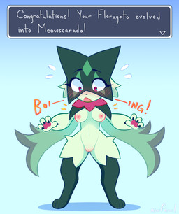 anthro blue_background blush breasts dialogue female genitals nipples nude simple_background solo surprised text vulva wide_hips awfawl nintendo pokemon floragato generation_9_pokemon meowscarada pokemon_(species) absurd_res hi_res