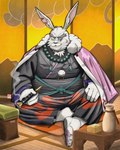 anthro black_nose clothed clothing detailed_background kemono male mature_male overweight overweight_male sitting solo white_body kamui_shirow shangri-la_frontier vysache lagomorph leporid mammal rabbit vorpal_bunny 2024 absurd_res hi_res