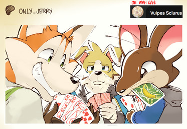 ace_of_clubs ace_of_diamonds ace_of_hearts anthro black_nose blue_eyes brown_body brown_ears card claws clothed clothing finger_claws floppy_ears fur green_eyes grey_clothing grey_hoodie grey_topwear group hoodie jack_of_hearts joker_(playing_card) king_of_diamonds king_of_hearts mouth_hold orange_body orange_ears orange_fur playing_card queen_of_hearts_(card) royal_flush teeth ten_of_hearts text topwear trio dahecksajerry balatro canid canine canis domestic_dog fox mammal murid rodent english_text