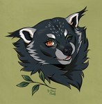ambiguous_anthro ambiguous_gender anthro black_body black_fur black_nose ear_tuft eyelashes fur grey_background grey_markings leaf looking_at_viewer markings one_eye_closed orange_eyes simple_background solo tuft marie_merkh binturong mammal viverrid hi_res signature