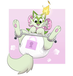 3_fingers 3_toes ambiguous_gender bdsm bdsm_gear bow_accessory bow_ribbon clean_diaper clothed clothing cloud_emanata cute_fangs diaper diaper_puff emanata facial_markings fangs feet feral fingers fire front_view fur green_body green_fur green_tail head_markings lock lock_symbol locked_diaper looking_down lying markings neck_bow on_back open_mouth open_smile pawpads pink_bow pink_nose pink_pawpads restraints simple_background smile solo spotted_accessory spotted_bow spreader_bar tail teeth toes wearing_diaper fang29 nintendo pokemon smolder_(burritokitten) generation_9_pokemon pokemon_(species) sprigatito absurd_res full-length_portrait hi_res portrait