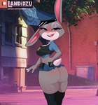 anthro bedroom_eyes big_breasts big_butt blush bottomwear breasts buckteeth butt clothing female legwear looking_at_viewer microskirt midriff miniskirt narrowed_eyes one_ear_up police police_badge police_cap police_uniform seductive skirt solo stockings teeth text thick_thighs uniform landidzu disney zootopia judy_hopps lagomorph leporid mammal rabbit absurd_res hi_res url