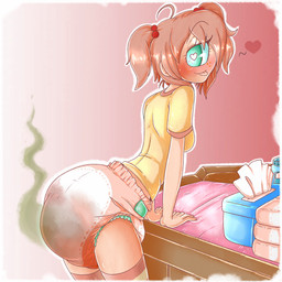 1_eye blush clothed clothing diaper feces female freckles hair heart_symbol pink_hair scatplay simple_background soiled_diaper soiling solo tongue tongue_out unclean_diaper used_diaper aweye-ff cyclops humanoid 1:1 hi_res