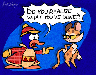 angry anthro blue_body blue_skin clothing countershading female fur hat headgear headwear jacket male orange_body orange_fur semi-anthro text topwear yellow_eyes jack_brady kirby_(series) kirby_and_the_forgotten_land nintendo clawroline king_dedede avian bird felid leopard mammal pantherine penguin absurd_res comic english_text hi_res