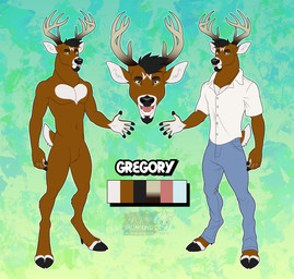 anthro antlers beard brown_body brown_fur casual_clothing facial_hair fur gregory_weaver hooves horn male markings solo white_markings vallhound deer mammal new_world_deer white-tailed_deer hi_res model_sheet