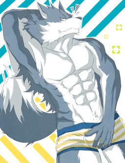 5_fingers abs anthro athletic biceps big_muscles biped boxer_briefs clothed clothing fangs fingers flexing fur grey_body grey_fur grin hand_behind_head looking_at_viewer lying male muscular muscular_anthro muscular_male on_back pattern_clothing pattern_underwear pecs pose smile solo striped_clothing striped_underwear stripes teeth topless underwear white_body white_fur sergeant_match canid canine canis mammal wolf absurd_res hi_res source_request