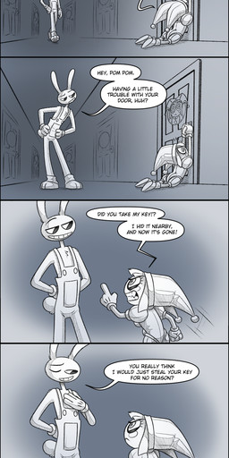 angry annoyed anthro clothed clothing door duo female hat headgear headwear jester key kick male overalls smile standing text tired upset yelling absolutedream glitch_productions the_amazing_digital_circus jax_(tadc) pomni_(tadc) human lagomorph leporid mammal rabbit absurd_res comic english_text hi_res long_image tall_image