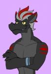 anthro claws crossed_arms grey_hair hair highlights_(coloring) long_neck male markings purple_background red_highlights simple_background smile solo teeth white_claws yellow_eyes mapdark mythology dragon mythological_creature mythological_scalie scalie flat_colors half-length_portrait portrait source_request