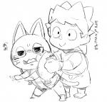 bodily_fluids chibi clothing duo hoodie humor male simple_background tears text topwear white_background masshiro animal_crossing nintendo punchy_(animal_crossing) villager_(animal_crossing) domestic_cat felid feline felis fish flatfish human mammal marine black_and_white digital_drawing_(artwork) digital_media_(artwork) japanese_text monochrome