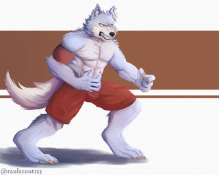 abs angry anthro armwear blue_body blue_fur bottomwear bulge clothing fur male multicolored_body multicolored_fur muscular muscular_anthro muscular_male pattern_background red_clothing serratus shirtless shirtless_anthro shirtless_male simple_background snarling solo striped_background white_body white_fur raulscout123 canid canine canis mammal wolf 5:4 full-length_portrait hi_res portrait