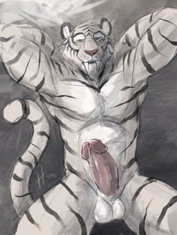 animal_genitalia anthro balls big_penis blue_eyes closed_smile erection fangs front_view genitals glans humanoid_genitalia humanoid_penis hybrid_genitalia hybrid_penis looking_at_viewer male male_anthro markings mouth_closed narrowed_eyes nude penis pink_penis precum_on_own_penis sheath sheathed_humanoid_penis simple_background smile solo striped_arms striped_legs striped_markings striped_tail stripes tail tail_markings teeth hufnaar felid mammal pantherine tiger 2022 3:4 hi_res partially_colored