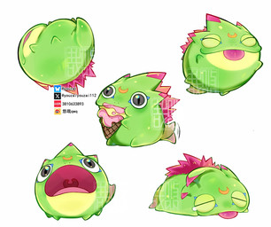 ambiguous_gender dessert eating_ice_cream feral food green_body ice_cream open_mouth round_body sleeping solo tail tail_motion tailwag tongue tongue_out youzaiyouzai112 bandai_namco digimon digimon_beatbreak digimon_(species) kekkomon lizard reptile scalie distracting_watermark hi_res signature watermark