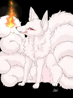 3_toes 4_toes 9_tails ambiguous_gender black_background cheek_tuft chest_tuft claws facial_markings facial_tuft fangs feet feral fire fluffy fluffy_tail front_view fur head_markings inner_ear_fluff licking licking_lips licking_own_lips lips looking_at_viewer markings monotone_body monotone_fur monotone_tail multi_tail neck_tuft paws pink_tongue quadruped red_eyes red_nose self_lick simple_background sitting snout solo tail teeth toe_claws toes tongue tongue_out tuft whiskers white_body white_claws white_ears white_fur white_inner_ear white_tail white_tuft fusau mythology nintendo pokemon canid canine fox fox_spirit generation_1_pokemon mammal mythological_canine mythological_creature ninetales pokemon_(species) 2026 digital_media_(artwork) full-length_portrait hi_res portrait shaded signature