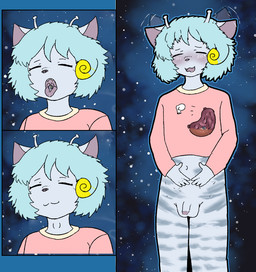 antennae_(anatomy) anthro balls blue_body blue_skin blush bodily_fluids bottomless clothed clothing digestion earth eyes_closed fatal_vore femboy genitals macro male mouth_shot neck_bulge object_vore open_mouth organs penis pink_clothing planet planet_dwarfing planet_in_stomach planet_vore solo space stomach stomach_acid stripes swallowing uvula vore teruni-inamor wassa_panotto_inamor alien virelli