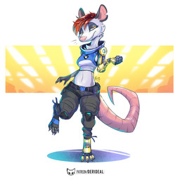 anthro bangs bedroom_eyes belt belt_pouch black_bottomwear black_clothing black_pants blue_clothing blue_crop_top blue_hoodie blue_shirt blue_topwear bottomwear breasts cheek_tuft chest_tuft clothed clothing crop_top cybernetic_arm cybernetic_leg cybernetic_limb facial_tuft female footwear fully_clothed fur grey_body grey_fur hair hoodie midriff narrowed_eyes navel notched_ear on_one_leg orange_eyes pants pink_body pink_skin red_hair seductive shirt shoes short_hair side_boob simple_background slim solo standing tail teeth toeless_footwear toeless_shoes topwear tuft white_body white_fur kiaun rosalyn_(nivik) american_opossum mammal marsupial 1:1 colored digital_media_(artwork) full-length_portrait hi_res portrait shaded