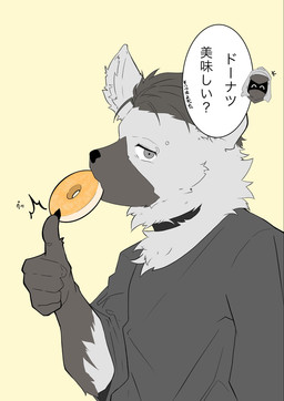5_fingers anthro black_hair black_nose claws clothing collar eyebrow_piercing facial_piercing fingers fur gesture grey_body grey_fur hair looking_at_viewer male piercing shirt simple_background solo speech_bubble t-shirt topwear siva_inu24 arknights hypergryph studio_montagne doctor_(arknights) spot_(arknights) hyena mammal spotted_hyena hi_res