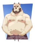 anthro arm_tuft barazoku beard belly belly_hair biceps blue_background blue_eyes body_hair border bottomwear chest_hair clothed clothing drawstring elbow_tuft facial_hair feeling green_eyes hair hairy hand_on_belly horn male manly musclegut muscular navel neck_tuft nipples pants pants_only pecs shoulder_tuft simple_background slightly_chubby solo topless tuft white_border white_hair naikuma bear mammal 2024 hi_res