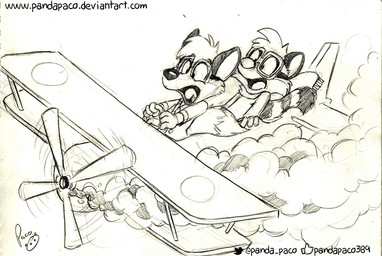 aircraft anthro clothed clothing duo flying glistening glistening_nose hair logo male markings open_mouth scarf short_hair smoke striped_markings striped_tail stripes tail tail_markings text vehicle young young_anthro young_male pandapaco canid canine mammal procyonid raccoon artist_logo monochrome signature sketch url