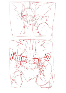 2_panel_comic 3_fingers :3 ambiguous_anthro ambiguous_gender anthro biped bodily_fluids comic_panel cute_fangs emanata fangs fingers food food_in_mouth front_view inner_ear_fluff looking_at_viewer object_in_mouth shrimp_(food) simple_background solo standing sweat sweatdrop tailless teeth tempura text tuft white_background yakiniku628 nintendo pokemon braixen canid generation_6_pokemon mammal pokemon_(species) 2020 comic digital_drawing_(artwork) digital_media_(artwork) guide_lines half-length_portrait hi_res monochrome portrait sketch translated