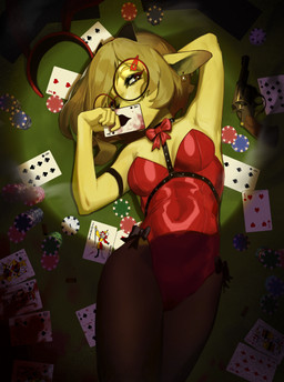 accessory ace_of_spades anthro armband bird's-eye_view black_choker black_clothing black_horn black_jewelry black_legwear black_necklace black_nose black_ribbon blood blood_stain bodily_fluids bow_(feature) bow_ribbon bow_tie breasts brown_eyes bunny_costume card choker cleavage clothed clothed_anthro clothed_female clothing clubs_(suit) corset costume covering covering_face covering_mouth covering_own_mouth covering_self detailed_background diamonds_(suit) ear_piercing eyebrows eyelashes eyewear fake_ears fake_rabbit_ears female female_anthro fingers front_view fully_clothed fully_clothed_anthro fully_clothed_female fur furniture glasses glistening glistening_clothing gun hair hair_accessory hairband hairclip hand_behind_head headband hearts_(suit) high-angle_view holding_object horn jewelry legwear light light_beam lingerie long_ears looking_aside lying navel_outline necklace on_back pantyhose piercing playboy_bunny playing_card poker poker_chip poker_table pose raised_arm raised_eyebrow ranged_weapon red_clothing red_hairband red_topwear ribbons round_glasses short_hair small_breasts solo spades_(suit) spotlight stain suit_symbol table tan_body tan_ears tan_fur tan_hair topwear weapon wearing_glasses yagihorns zota_mayflower bovid caprine goat mammal absurd_res digital_drawing_(artwork) digital_media_(artwork) hi_res pinup