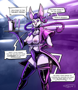 alcohol ambiguous_gender anthro areola beverage braided_hair breasts champagne chest_harness collar cyberpunk dialogue ear_piercing exposed_breasts facial_piercing female female_focus glass glistening group gun hair hanging_breasts harness jewelry latex looking_at_viewer neon_lights nightclub nipple_piercing nipple_ring nipples nose_piercing nose_ring piercing ranged_weapon ring_piercing science_fiction solo_focus speech_bubble spiked_collar spikes text waiter weapon fauxfowl bat mammal comic digital_media_(artwork) english_text