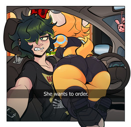 big_butt blonde_hair bottomwear butt butt_focus caption car car_interior clothing crop_top duo ear_piercing female fluffy fluffy_tail green_eyes green_hair hair hooves horn hotpants inside_car inside_vehicle long_socks looking_away male male/female piercing selfie sharp_teeth shirt shorts size_difference slim smaller_female tail tank_top teeth thick_thighs topwear vehicle wide_hips yellow_body jomaro_(artist) he_wants_to_order dking_(jomaro) hornie_(jomaro) humanoid absurd_res hi_res meme