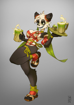 5_fingers anthro black_body black_fur breasts clothed clothed_anthro clothed_female clothing container cup feet female female_anthro fingers footwear fur green_eyes grey_background hair holding_container holding_cup holding_mug holding_object holding_plate mug multicolored_body multicolored_fur red_clothing sandals shoes side_boob simple_background smile solo thick_thighs toes white_body white_fur white_hair foresttherotten ankama dofus wakfu bear giant_panda mammal pandawa 2020 dated digital_media_(artwork) full-length_portrait hi_res portrait