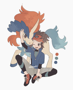 ambiguous_gender brown_eyes brown_hair clothing color_swatch duo feral footwear hair hat headgear headwear hooves horn male mane one_eye_closed open_mouth orange_mane shoes simple_background tail teeth tongue himetya105 nintendo pokemon nate_(pokemon) equid equine generation_5_pokemon human keldeo keldeo_(ordinary_form) legendary_pokemon mammal pokemon_(species) 2026 hi_res signature