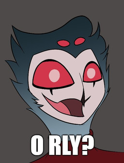 anthro clothing looking_at_viewer male meme_face meme_pose shirt simple_background solo topwear reachahighernoon hellaverse helluva_boss o_rly stolas_(helluva_boss) avian bird demon owl owl_demon meme