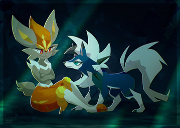 ambiguous_gender anthro blue_body blue_fur brown_body brown_fur claws crossed_arms duo feral fur looking_at_another mane multicolored_body orange_eyes paws simple_background sitting tail teal_eyes white_body white_fur mrh2o2 nintendo pokemon canid canine cinderace dusk_lycanroc generation_7_pokemon generation_8_pokemon lagomorph lycanroc mammal pokemon_(species) shiny_pokemon 2025 dated hi_res signature