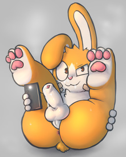 anthro anus balls band-aid bandage biped bodily_fluids brown_eyes butt cellphone countershading cum cum_on_face cum_on_penis electronics fur genital_fluids genitals glans grey_background half-erect holding_leg holding_object holding_phone holding_thigh humanoid_genitalia humanoid_penis legs_up lying male on_back penis perineum phone presenting presenting_hindquarters simple_background smartphone smile smiling_at_viewer smirk smirking_at_viewer solo taking_picture underpaw white_body white_countershading yellow_body yellow_fur young young_anthro young_male badipoki oob_(character) lagomorph leporid mammal rabbit absurd_res hi_res adult_(lore)
