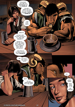 5_fingers accessory anthro arm_scar big_muscles black_hair bottomwear brown_body brown_bottomwear brown_clothing brown_eyes brown_pants chest_scar clothed clothed_male clothing curly_hair detailed_background detailed_mouth dialogue duo eating eating_food facial_scar fantasy fingers flirting food goat_ears green_clothing green_shirt green_topwear group hair headband holding_food holding_object horn jewelry male muscular muscular_anthro muscular_arms muscular_male necklace night pants red_headband scar shirt size_difference smile solo speech_bubble straight_hair tavern teeth text tools topwear purplebirdman roshim_(purplebirdman) bovid caprine goat human mammal sheep 2023 colored comic detailed english_text shaded url