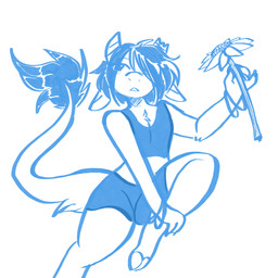 anthro big_tail biped blush bottomwear bracelet broken_horn chest_tuft claws clothed clothing crop_top female flat_chested flower hair holding_flower holding_object holding_sunflower hooves horn jewelry open_mouth plant shirt short_hair shorts simple_background sitting solo sunflower tail tank_top topwear tuft white_background manitka manitka_storm bovid bovine cattle mammal 1:1 2025 blue_and_white digital_media_(artwork) hi_res monochrome