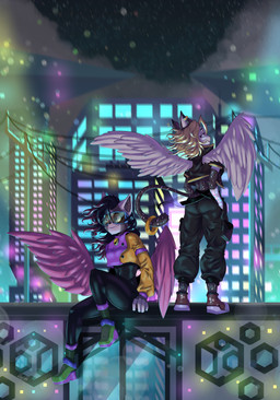 anthro city city_background city_lights city_scape cybernetics cyberpunk duo female female/female hair light machine male neon neon_lights sky train vehicle polarisart angel canid canine canis felid leopard mammal pantherine wolf absurd_res hi_res