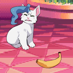 alternate_body_type alternate_form banana blue_hair fangs female feral food frown fruit fur green_eyes hair pink_inner_ear plant screencap screencap_background scrungy teeth whiskers white_body white_fur unknown_artist capcom cat_no_like_banana darkstalkers felicia_(darkstalkers) domestic_cat felid feline felis mammal digital_drawing_(artwork) digital_media_(artwork) meme pixel_(artwork)
