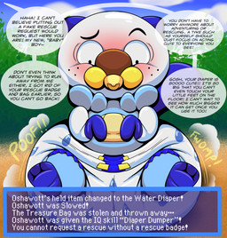 ageplay big_diaper blush clothed clothed_male clothing dialogue diaper diaper_puff embarrassed feral forced forced_infantilism gameplay_mechanics gloves handwear humiliation infantilism male object_in_mouth offscreen_character pacifier pacifier_in_mouth pattern_diaper roleplay solo text text_box trapped wearing_diaper tepigfan101 nintendo pokemon pokemon_mystery_dungeon spike_chunsoft generation_5_pokemon oshawott pokemon_(species) absurd_res digital_media_(artwork) english_text hi_res