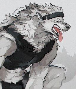 anthro big_tail black_bottomwear black_clothing black_lips black_shirt black_shorts black_tank_top black_topwear bottomwear breath clothing eyebrows eyes_closed fangs fur grey_body grey_fur grey_nose headgear lips male midriff muscular muscular_anthro muscular_male panting scales shirt shorts simple_background snarling solo tail tank_top teeth text tongue tongue_out topwear whisker_spots white_background white_body white_fur wintom guntai_(wintom) canid canine canis hybrid mammal wolf 2022 artist_name digital_media_(artwork) portrait shaded