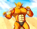 abs antennae_(anatomy) beach big_muscles bodily_fluids clothed clothing grin male muscular pecs sea seaside smile solo sweat swimwear topless towel water justsimplymacy dragon_ball orange_piccolo piccolo alien humanoid namekian absurd_res hi_res