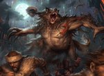 anthro bare_chest biped building clothing cloud fleeing group hat headgear headwear male moon night open_mouth outside red_eyes running size_difference sky torn_clothing andrew_mar hasbro magic:_the_gathering mythology wizards_of_the_coast canid canine human mammal mythological_canine mythological_creature werecanid werecanine werecreature werewolf 2021 official_art