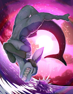 anthro clothing cloud eyes_closed fangs fingerless_gloves fur gloves handwear male purple_body purple_fur rainbow sea sky solo sun teeth water white_body white_fur rick_griffin hayven_celestia tac_sunus alien aquatic fish furred_shark shark tryonn_(rick_griffin) 2021 hi_res