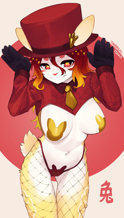 anthro clothed clothing clown clown_makeup costume female fishnet_stockings grin hair looking_at_viewer necktie pasties skimpy smile solo star_pupils thong underwear yoako cupcake_(yoako) lagomorph leporid mammal rabbit 2023 hi_res