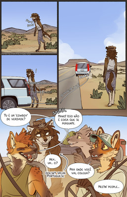 anthro barefoot biped black_nose brown_body brown_eyes brown_fur canine_teeth car cheek_tuft clothed clothed_anthro clothing dialogue driving facial_tuft feet fluffy fluffy_tail fur grey_body grey_fur group hat headgear headwear hitchhiking inside_car inside_vehicle male orange_body orange_fur pointy_ears prick_ears seat_belt snout solo spanish speech_bubble tail tan_body tan_fur text tuft vehicle falco_works indy_(justroadkill) canid canine canis coyote mammal maned_wolf 2024 comic digital_media_(artwork) english_text hi_res portuguese_text translated