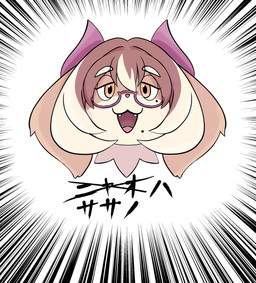 :3 anthro brown_body brown_fur brown_hair eyebrow_through_hair eyebrows eyewear fur glasses hair half-closed_eyes head_only horn mole_under_eye mole_under_mouth motion_lines narrowed_eyes open_:3 open_mouth orange_eyes purple_horn short_hair simple_background smile solo text translucent translucent_hair white_background white_body white_fur sasanoha6011 sasanoha_mom canid canine canis domestic_dog mammal hi_res japanese_text