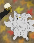 4_toes 5_tails alcohol ambiguous_focus ambiguous_gender anthro back_tuft barefoot beer beer_foam beer_glass belly_tuft beverage black_body black_claws black_eyebrows black_fur black_hand black_nose black_spots blurred_background cheek_tuft claws curiosity curious digitigrade duo eyebrows facial_tuft feet feral feral_focus finger_claws fingers fluffy fluffy_chest fluffy_tail front_view fur fur_markings fur_tuft gloves_(marking) grey_body grey_fur head_tuft high-angle_view hind_legs hindpaw holding_beer holding_glass holding_object inner_ear_fluff leaf leg_tuft looking_at_another looking_at_beer looking_at_beverage looking_at_glass looking_up markings mottled mottled_hands multi_tail neck_tuft nude offscreen_ambiguous offscreen_character on_hind_legs outside paws quadruped raised_paw solo_focus spots standing tail tail_fluff tail_tuft teasing three-quarter_view toes tuft white_body white_fur yellow_eyes lennox lennox_(lennox) vos_(kitsunevos) canid canine fox fox_spirit mammal 2024 colored digital_drawing_(artwork) digital_media_(artwork) draw_over flat_colors hi_res line_art