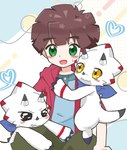 anthro black_sclera blush brown_hair claws green_eyes group hair heart_symbol horn hug male trio white_body yellow_eyes juglans_b612 bandai_namco digimon digimon_ghost_game gammamon_(ghost_game) hiro_amanokawa digimon_(species) gammamon gulusgammamon human mammal scalie