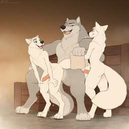 anal anal_penetration animal_genitalia animal_penis anthro anthro_on_anthro anthro_penetrated anthro_penetrating anthro_penetrating_anthro black_nose blue_eyes bodily_fluids canine_genitalia canine_penis cum cum_in_ass cum_inside erection eye_scar facial_scar fur genital_fluids genitals grey_body grey_fur group interspecies knot knotted_penis male male/male male_penetrated male_penetrating male_penetrating_male nude penetration penile penile_penetration penis penis_in_ass sauna scar sex sitting tail towel trio vein veiny_penis white_body white_fur jishinu arctic_fox canid canine canis fox mammal true_fox wolf 2025 hi_res