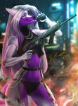 anthro breasts clothed clothing eyebrows eyelashes female gun hair holding_gun holding_object holding_ranged_weapon holding_weapon ranged_weapon smile solo standing weapon white_hair amur canid canine fox mammal 2021 digital_media_(artwork) hi_res